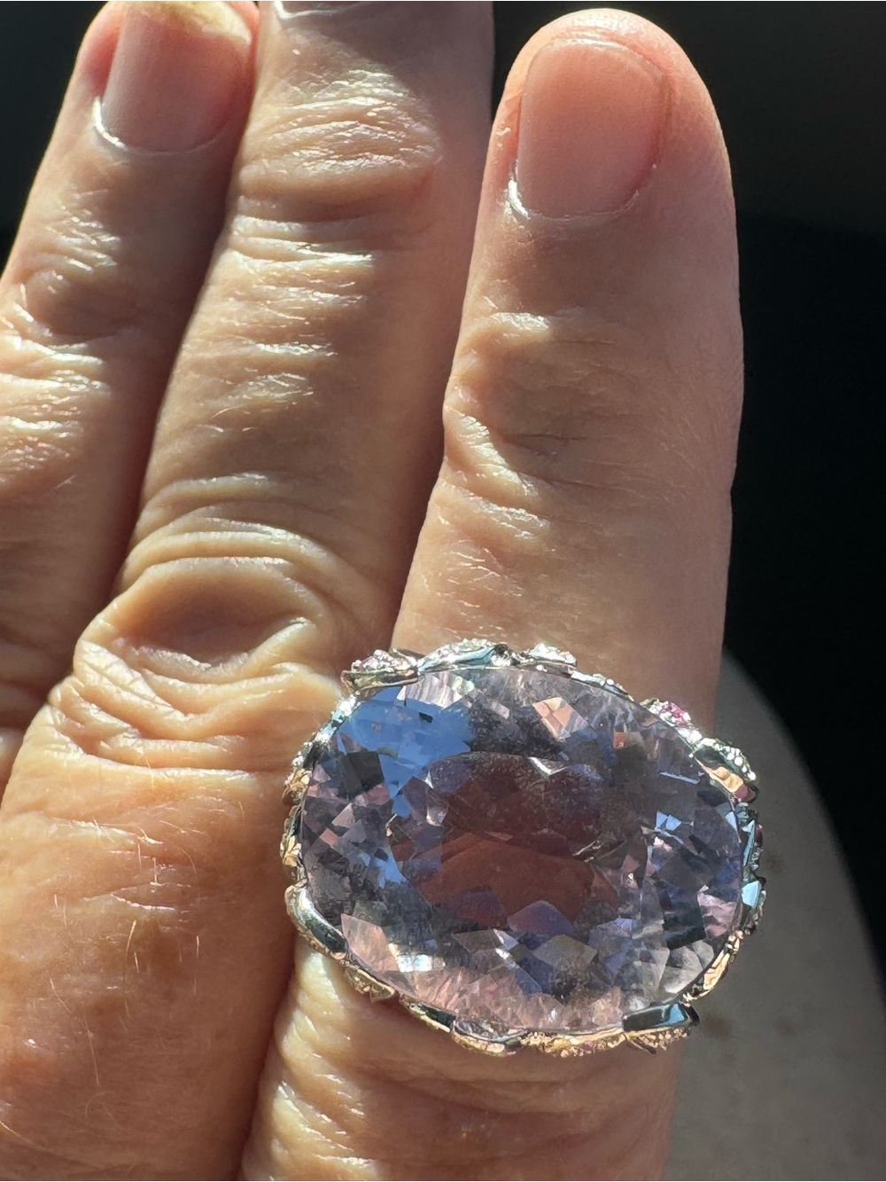 18K White Gold Ornate Multifaceted Amethyst &Diamond Ring 15.69G
